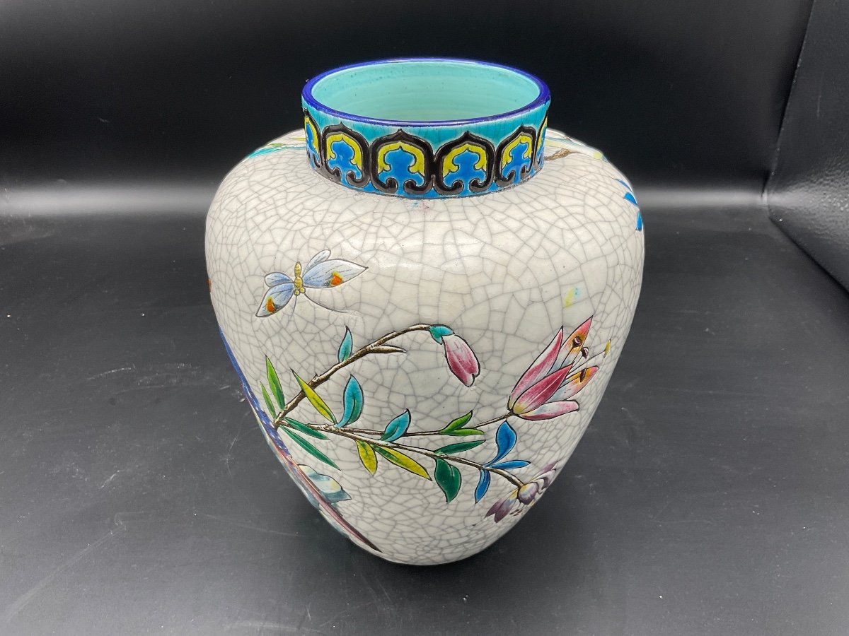 Polychrome Ball Vase In Longwy Enamels With Rotating Decor Of Butterfly Bird And Flowering Branches On White Background.-photo-7