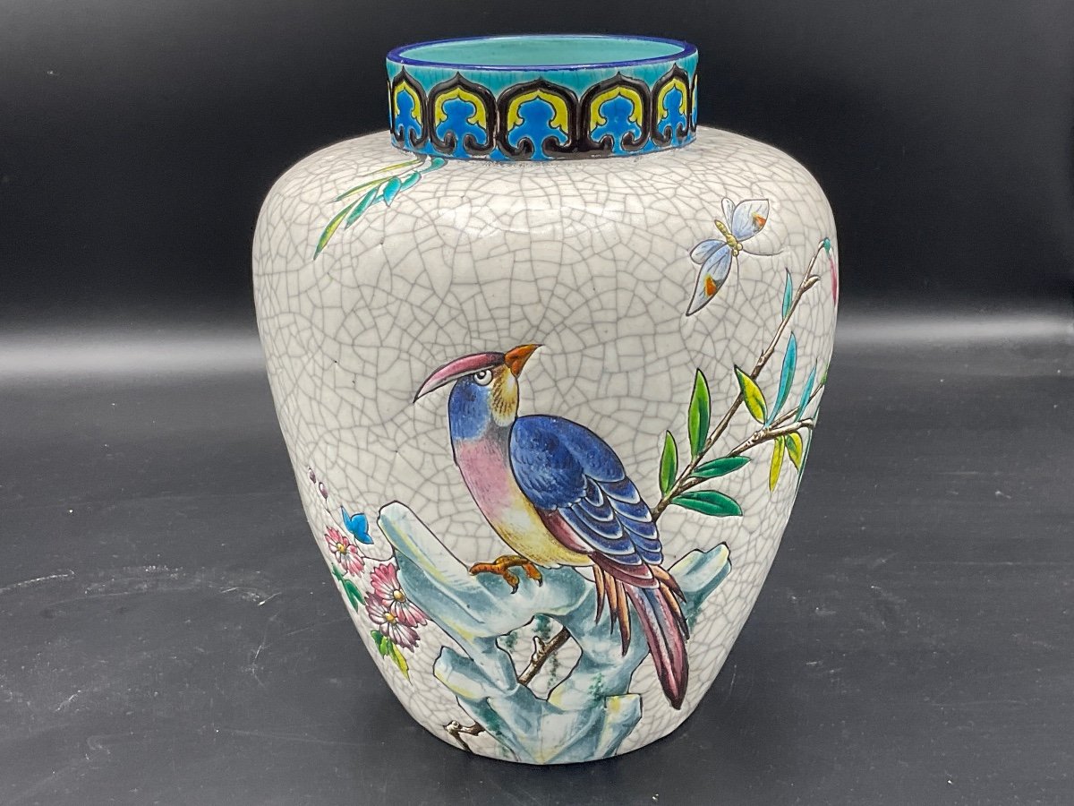 Polychrome Ball Vase In Longwy Enamels With Rotating Decor Of Butterfly Bird And Flowering Branches On White Background.-photo-8
