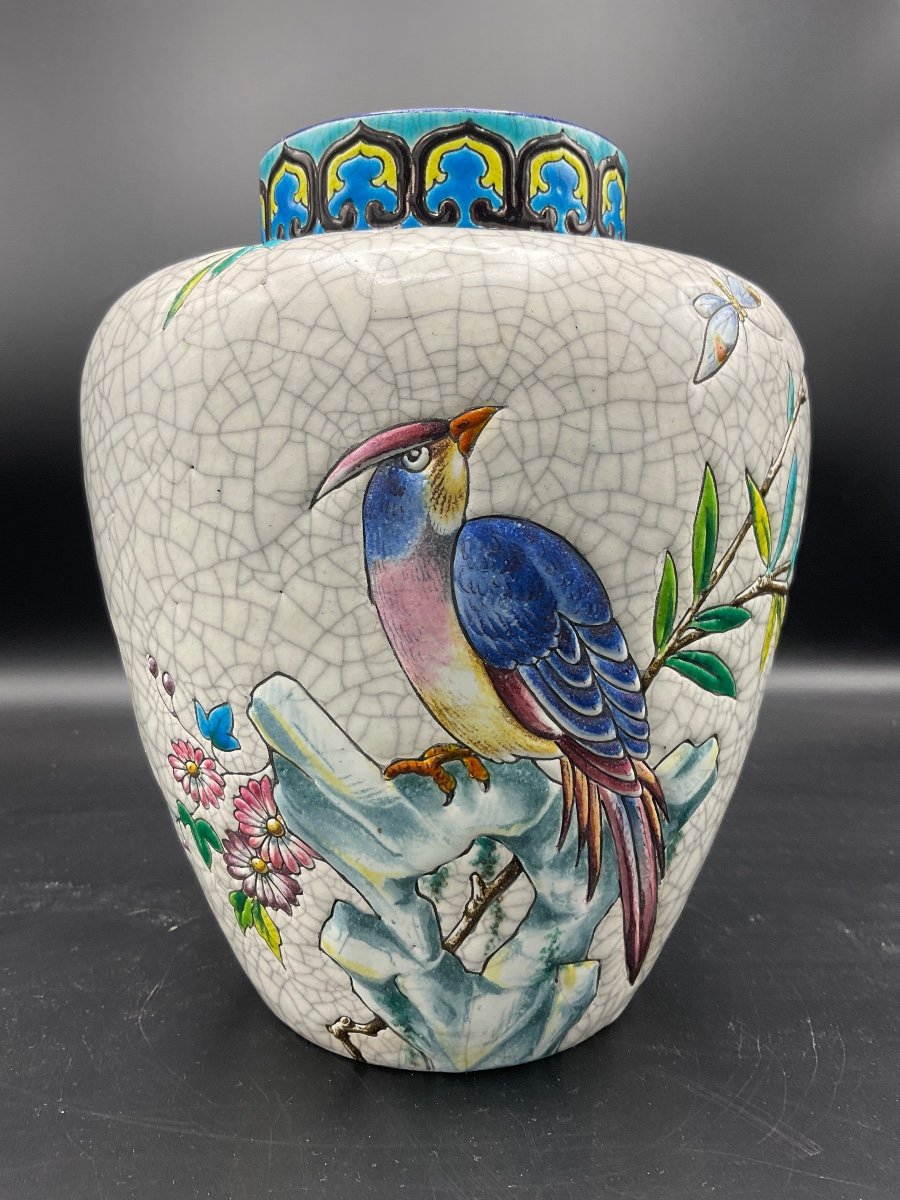 Polychrome Ball Vase In Longwy Enamels With Rotating Decor Of Butterfly Bird And Flowering Branches On White Background.