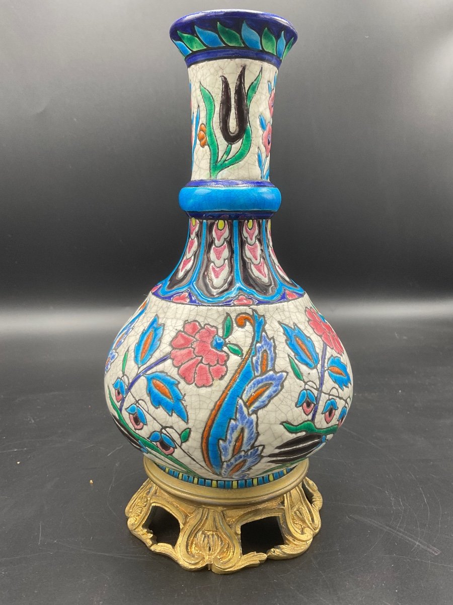 Polychrome Vase In Longwy Enamels Base In Gilt Chiseled Bronze Iznik Decor On White Background.-photo-3