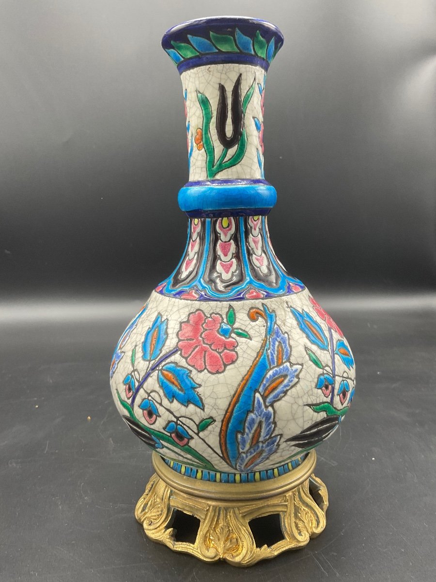 Polychrome Vase In Longwy Enamels Base In Gilt Chiseled Bronze Iznik Decor On White Background.-photo-6