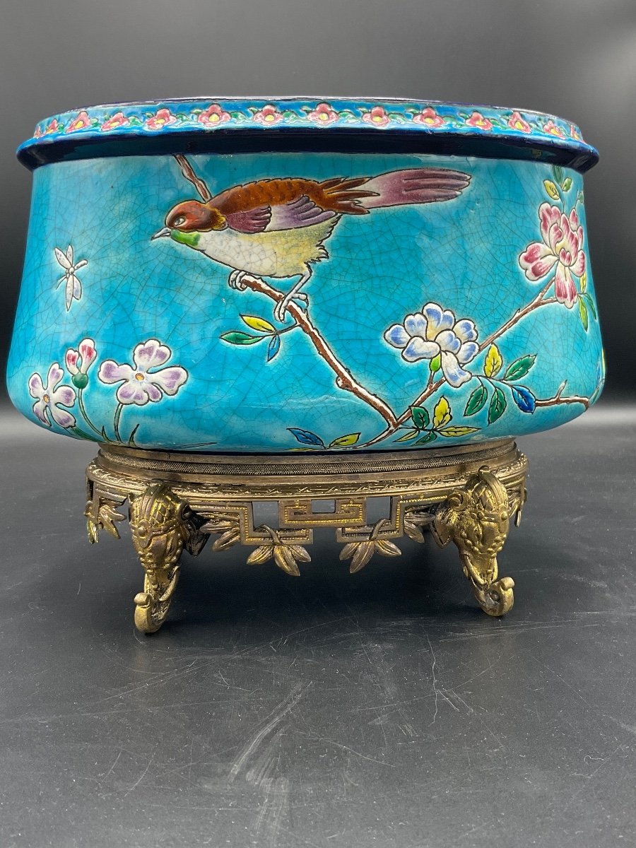 Jardinière Ovale Polychrome En émaux De Longwy à Décor Tournant D’oiseaux Perchés Sur Fond Bleu-photo-2