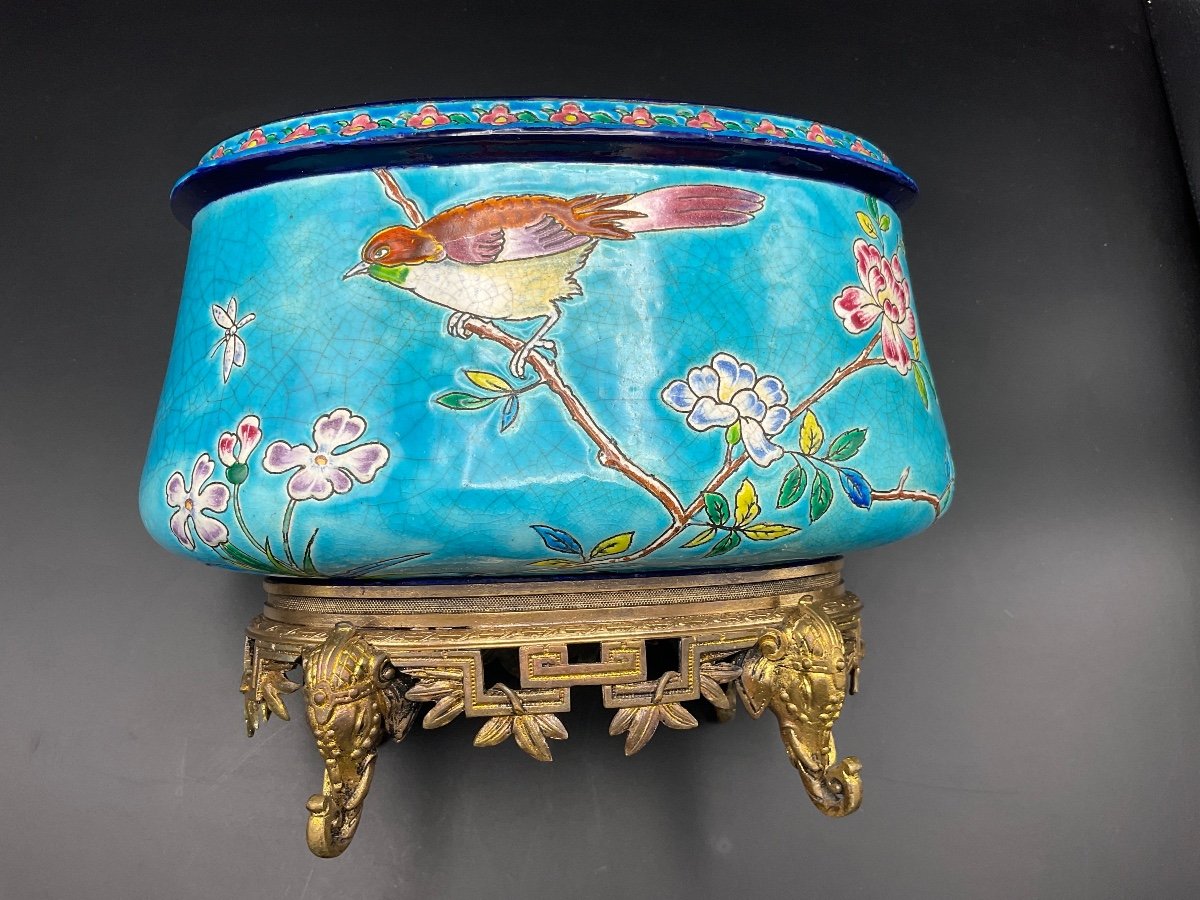 Jardinière Ovale Polychrome En émaux De Longwy à Décor Tournant D’oiseaux Perchés Sur Fond Bleu-photo-3