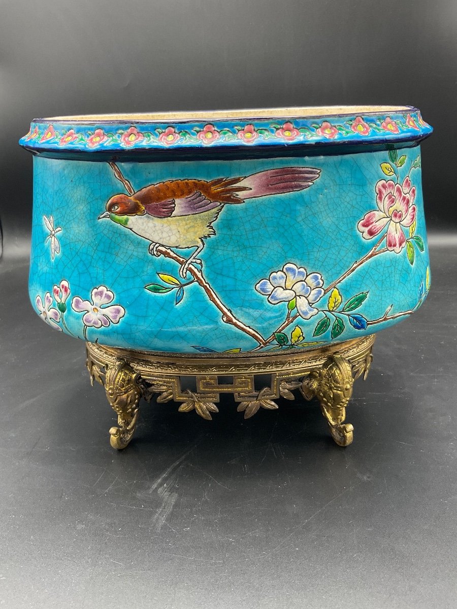 Jardinière Ovale Polychrome En émaux De Longwy à Décor Tournant D’oiseaux Perchés Sur Fond Bleu-photo-5