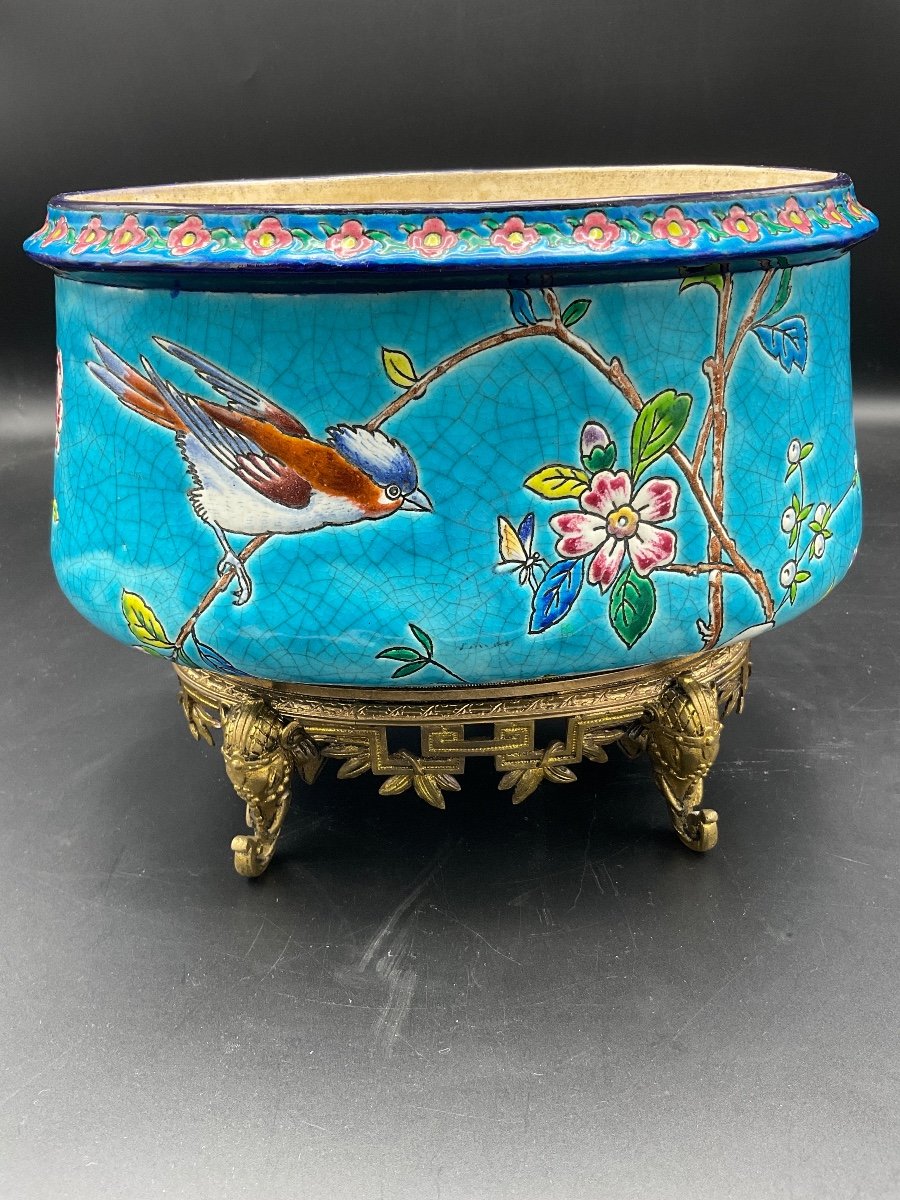 Jardinière Ovale Polychrome En émaux De Longwy à Décor Tournant D’oiseaux Perchés Sur Fond Bleu-photo-6