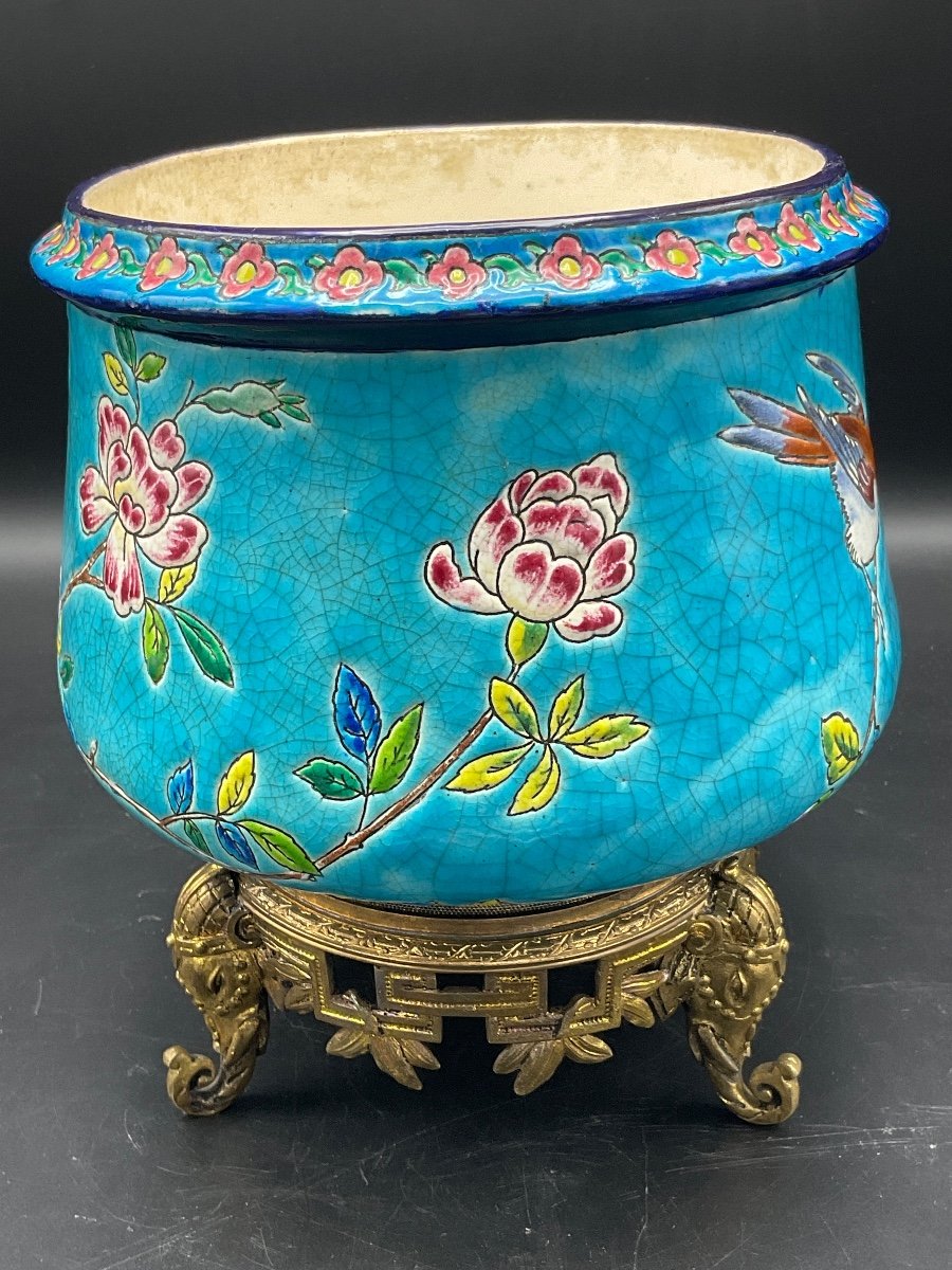 Jardinière Ovale Polychrome En émaux De Longwy à Décor Tournant D’oiseaux Perchés Sur Fond Bleu-photo-8