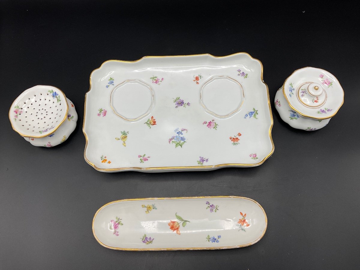 Polychrome Porcelain Inkwell From The Meissen Manufacture With Floral Decor On A White Background.-photo-3