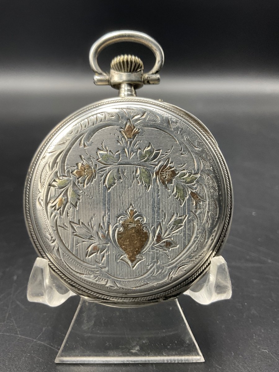 Montre à Gousset Ou De Poche Ciselé Et Guilloché En Argent Massif à Décor Floral.-photo-3