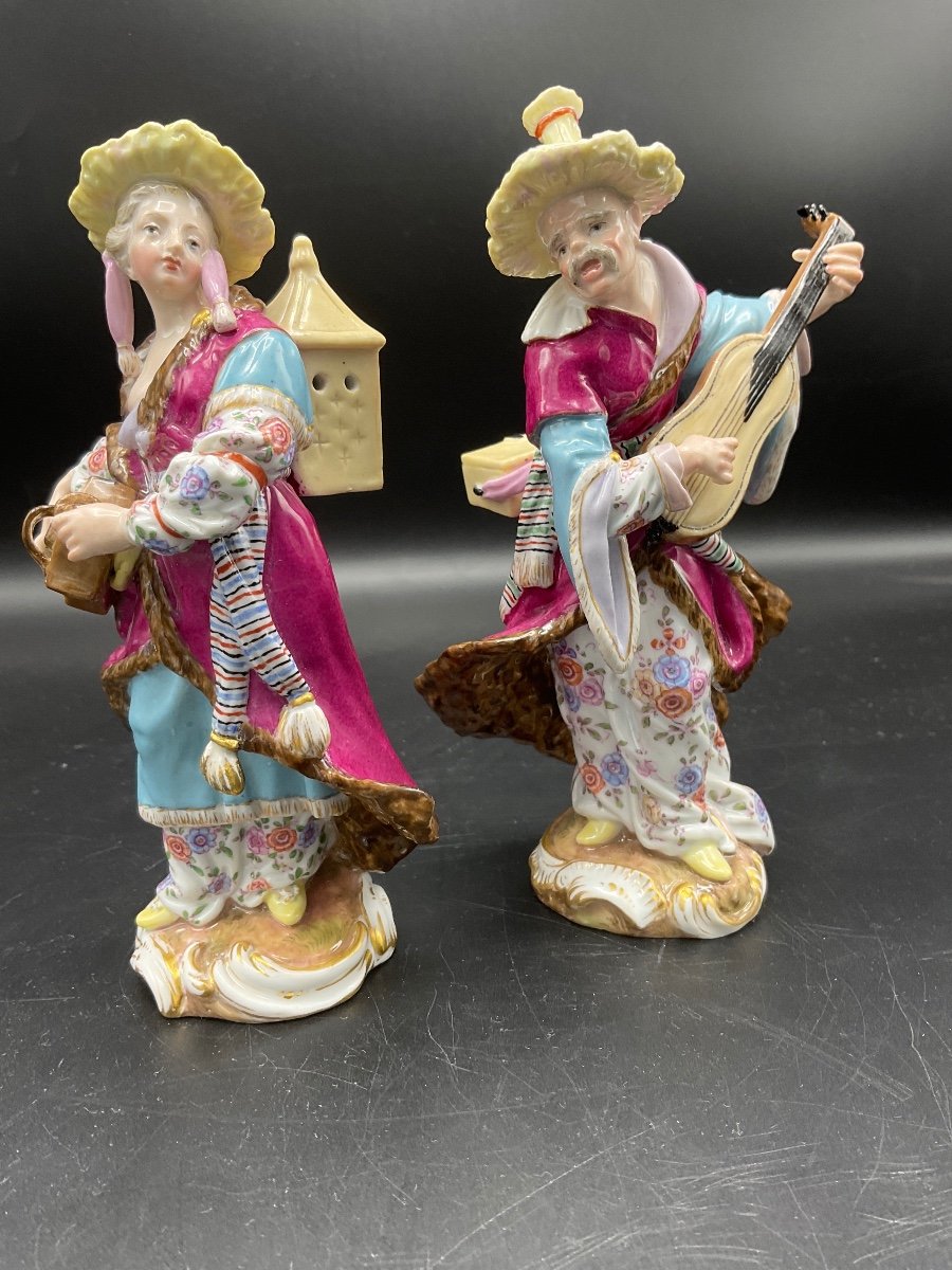 Couple Of Musicians In Polychrome Porcelain From The Meissen Manufacture Representing Malabar And Malabarin.