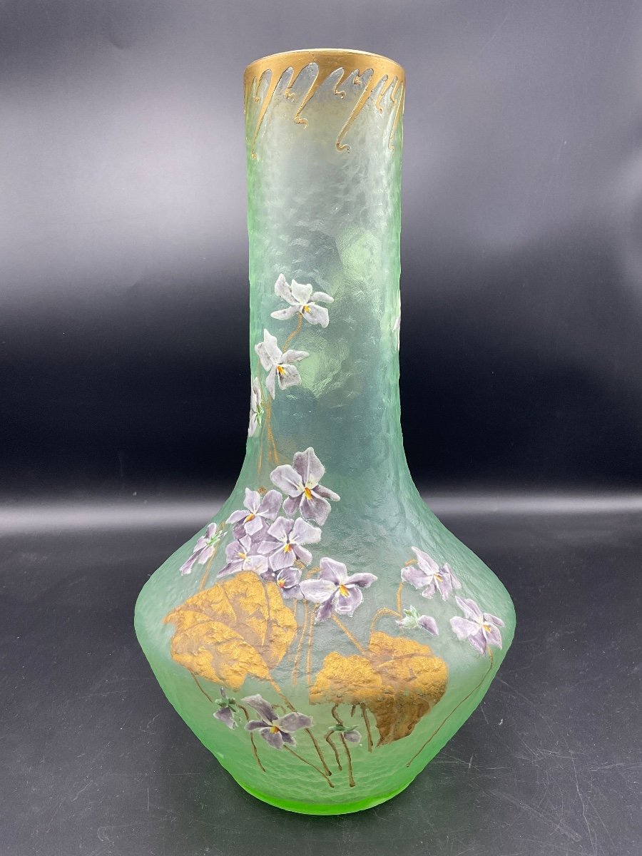 Legras Vase Decorated With Enamelled Violet And Foliage Enhanced With Gold Signed Montjoye On A Light Water Green Background.-photo-2