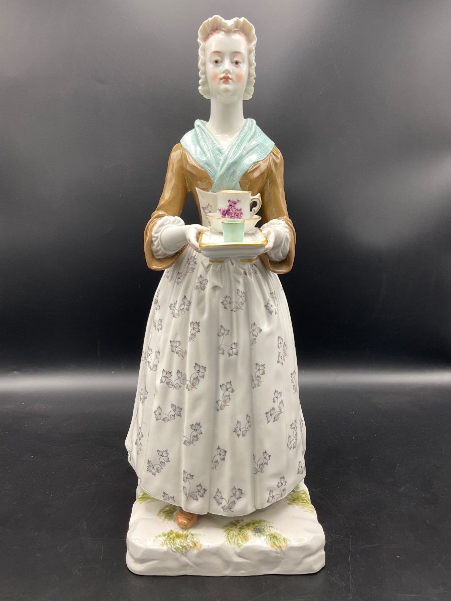 Rare Large Model In Polychrome Porcelain From The Meissen Manufacture Representing La Belle Chocolatière Model By Paul Helming.-photo-2