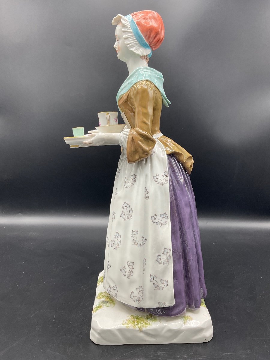 Rare Large Model In Polychrome Porcelain From The Meissen Manufacture Representing La Belle Chocolatière Model By Paul Helming.-photo-2