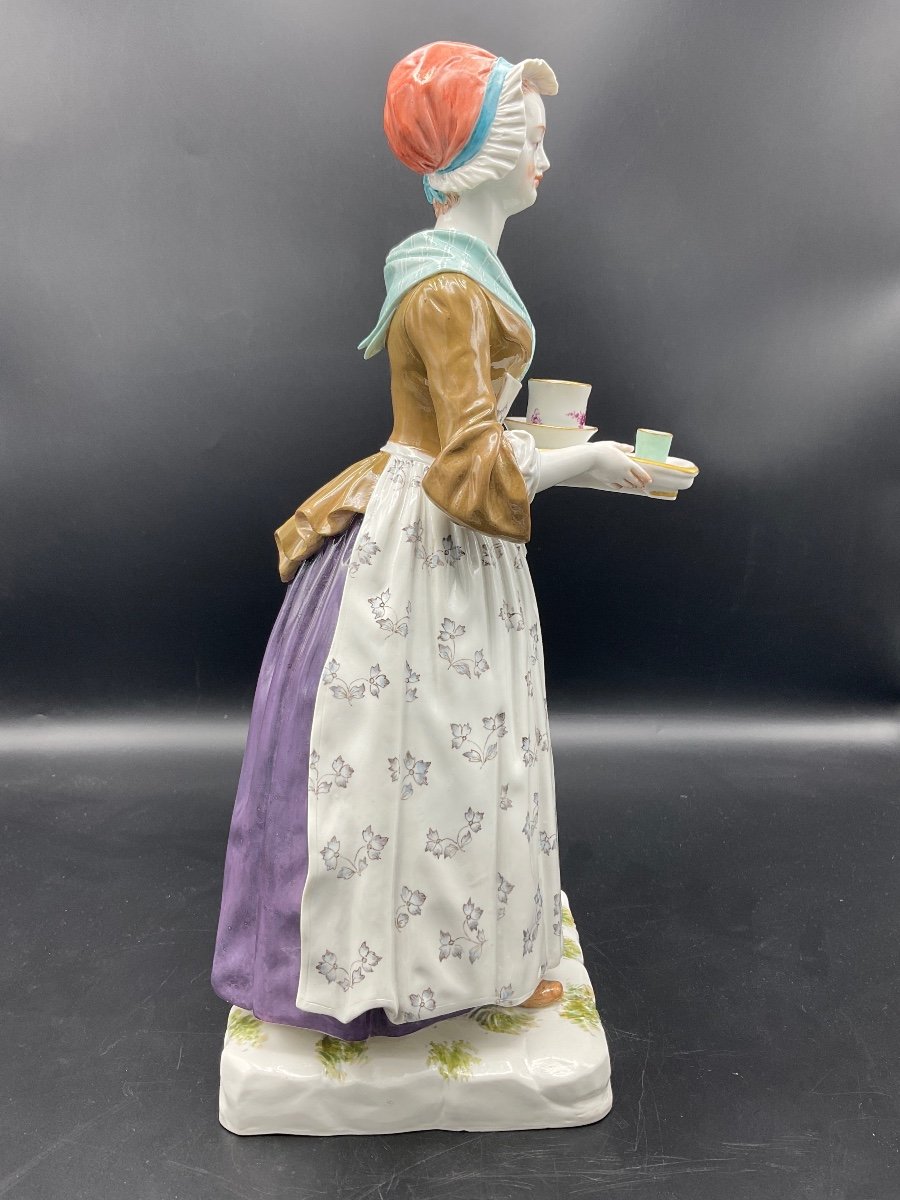 Rare Large Model In Polychrome Porcelain From The Meissen Manufacture Representing La Belle Chocolatière Model By Paul Helming.-photo-3