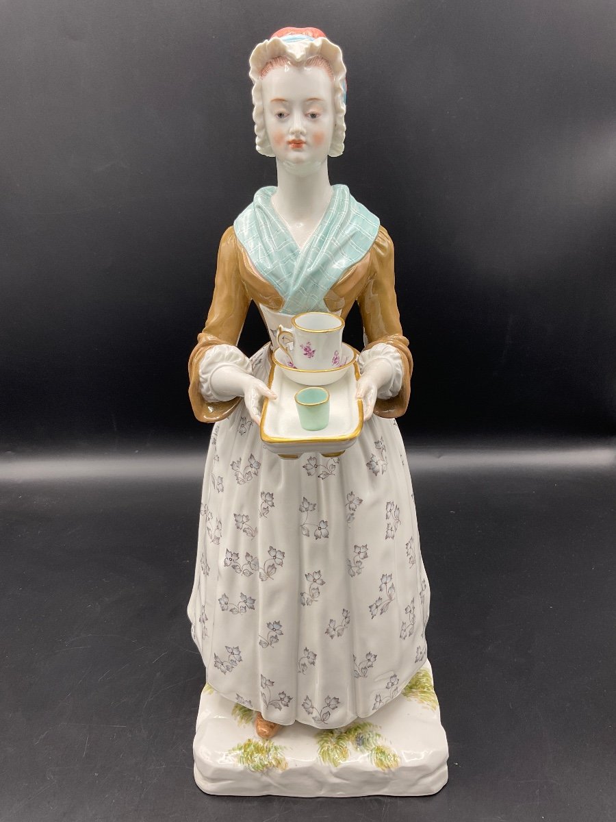 Rare Large Model In Polychrome Porcelain From The Meissen Manufacture Representing La Belle Chocolatière Model By Paul Helming.-photo-5