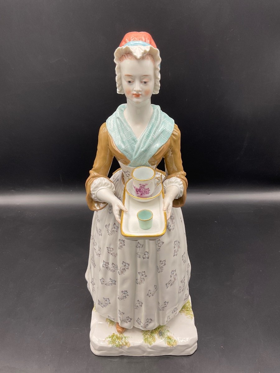 Rare Large Model In Polychrome Porcelain From The Meissen Manufacture Representing La Belle Chocolatière Model By Paul Helming.-photo-8