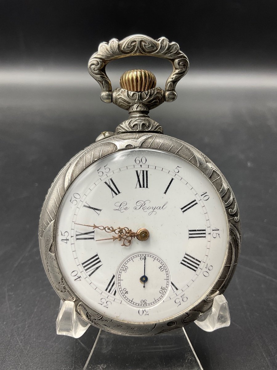 Gusset Or Pocket Watch In Silver Metal Le Royal Decor Of A Singing Rooster Signed Frainier.-photo-2
