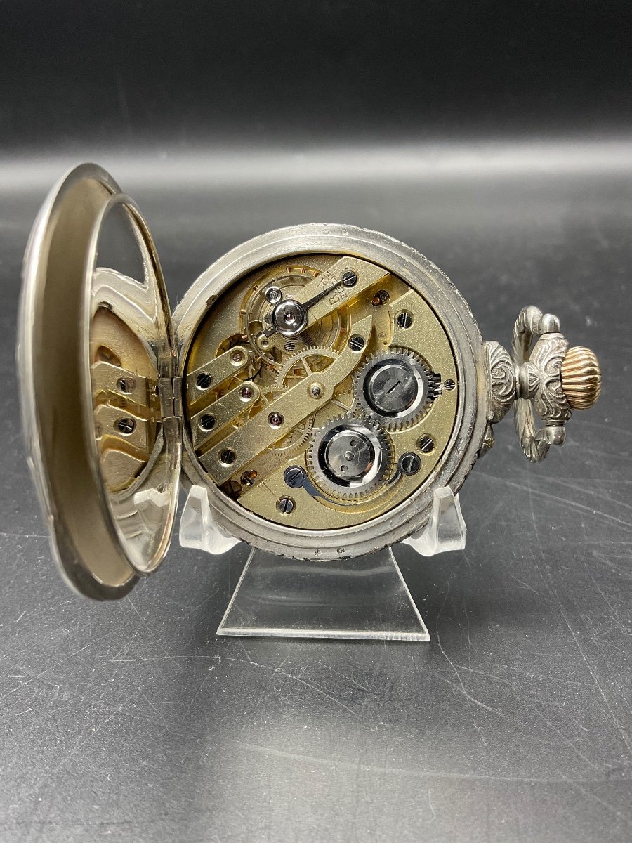 Gusset Or Pocket Watch In Silver Metal Le Royal Decor Of A Singing Rooster Signed Frainier.-photo-4