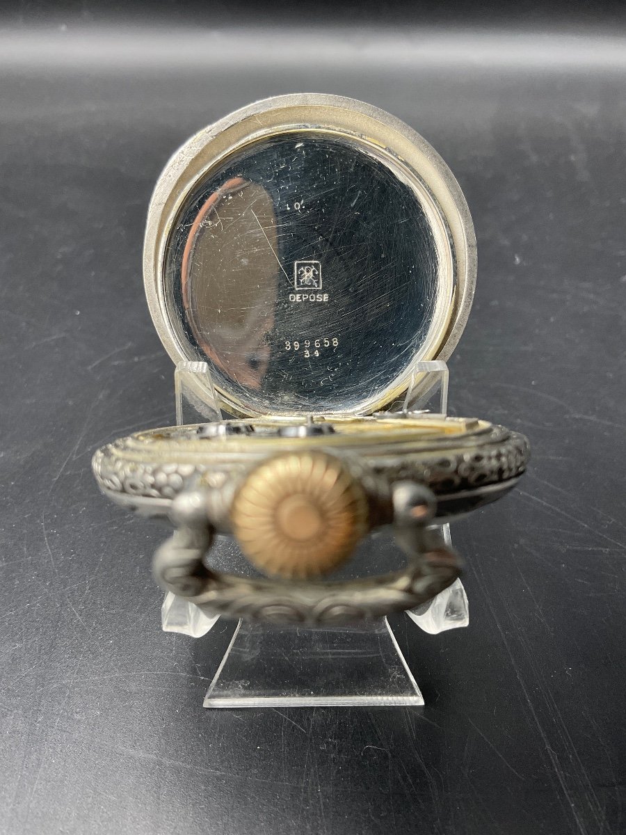 Gusset Or Pocket Watch In Silver Metal Le Royal Decor Of A Singing Rooster Signed Frainier.-photo-5