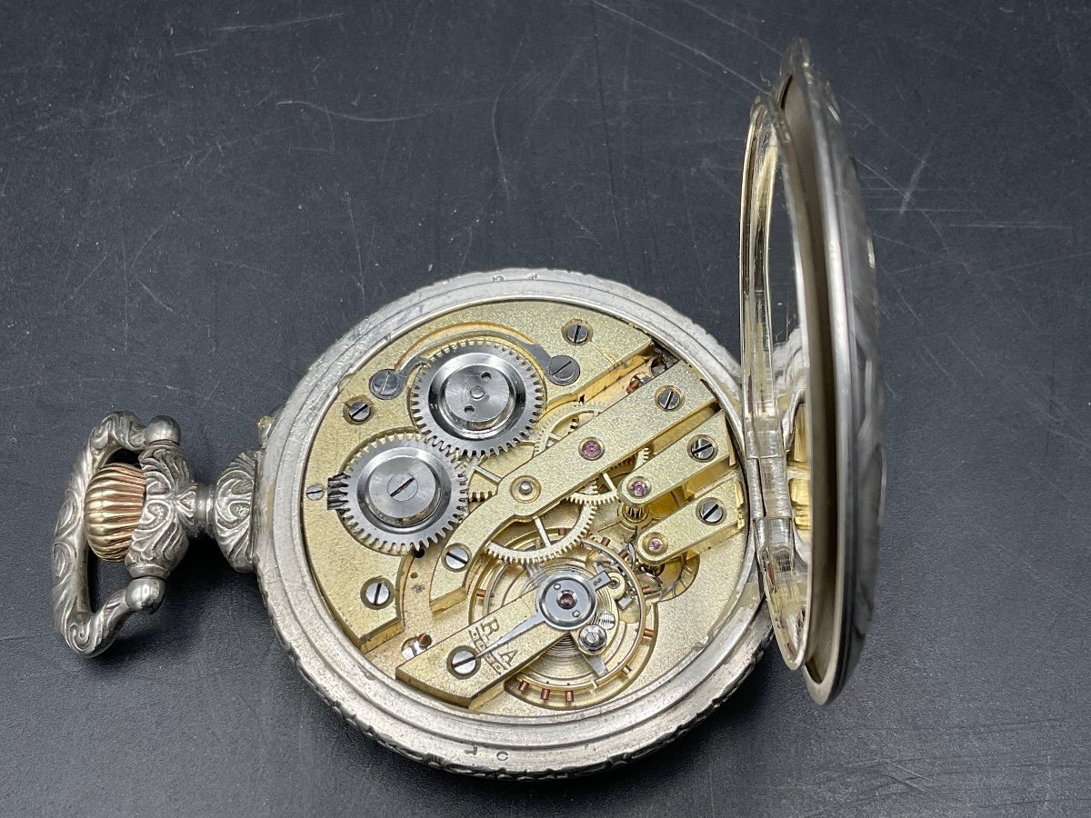 Gusset Or Pocket Watch In Silver Metal Le Royal Decor Of A Singing Rooster Signed Frainier.-photo-8