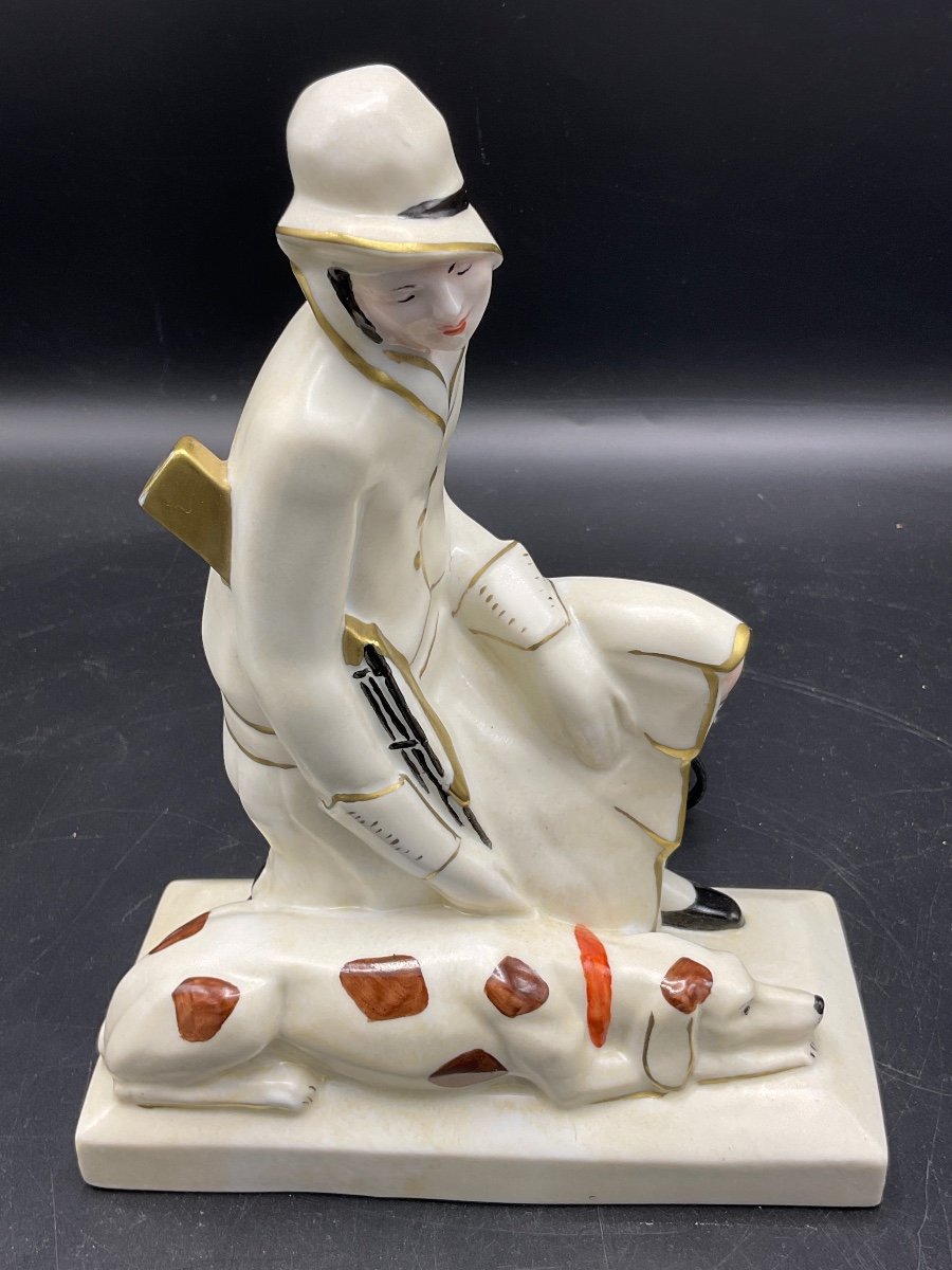 Veuilleuse En Porcelaine Polychrome De Limoges Représentant Une Chasseuse Et Son Chien Art-déco-photo-8