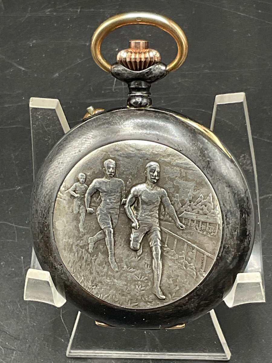 Montre à Gousset Ou De Poche Chronographe En Acier Bruni Et Argent De Marque Just J.Auricoste.-photo-7