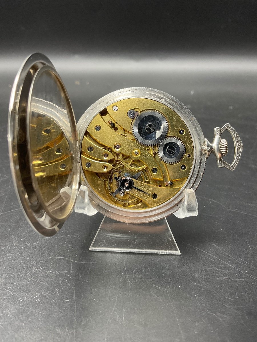 Montre à Gousset Ou De Poche Extra-plate En Argent Massif à Décor Ciselé Et Guilloché Art-deco.-photo-4
