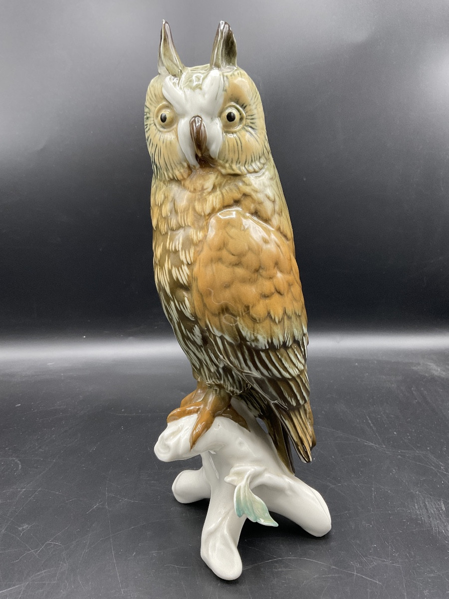 Large Polychrome Porcelain Eagle Owl From The Karl Ens Manufactory.-photo-2