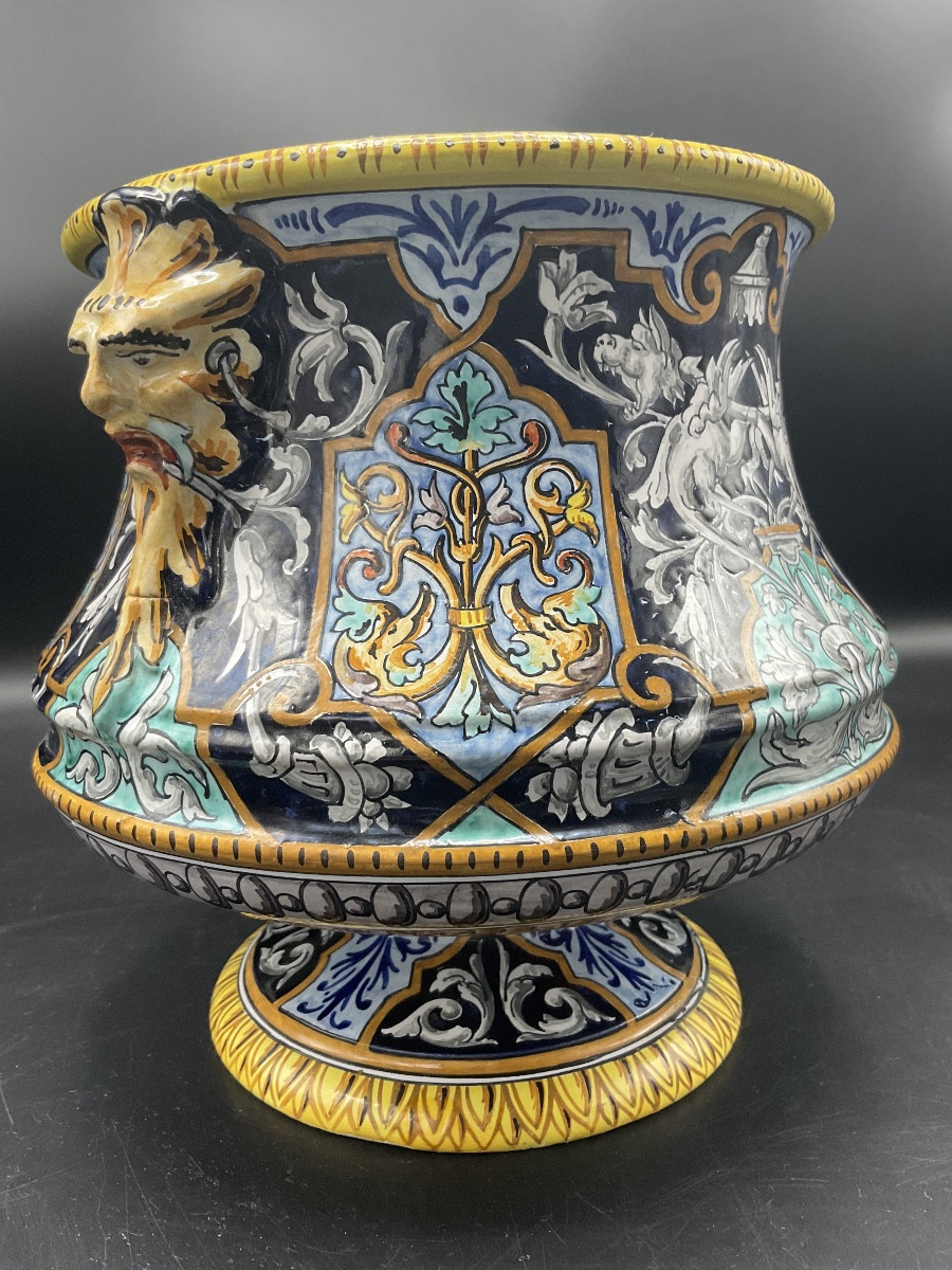 Cache-pot Polychrome De Forme Ventru Sur Piédouche En Faïence De Blois Signé Joseph Tortat.-photo-3
