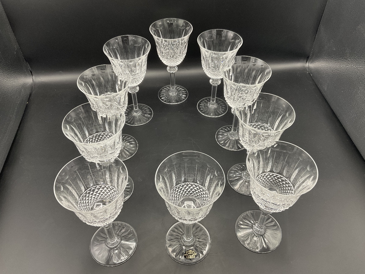 Ten Saint Louis Tommy Model Burgundy Red Wine Glasses In Colorless Cut Crystal.-photo-3