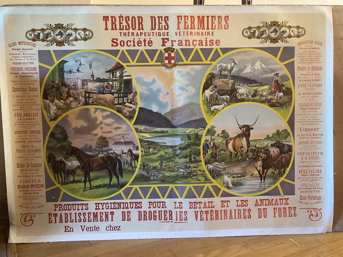 Affiche de Adolph Friedländer trésor des fermiers thérapeutique vétérinaire société française.