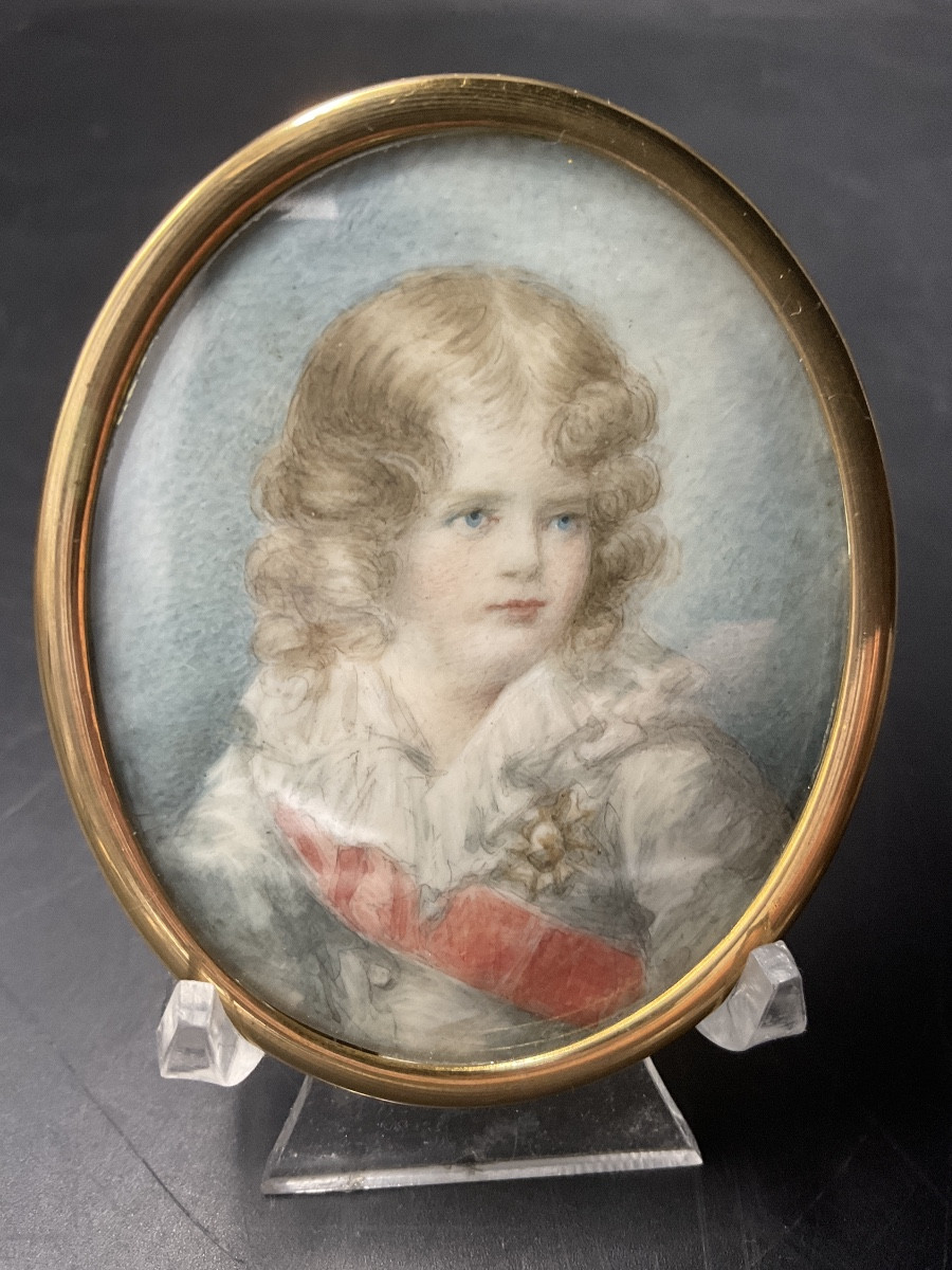 Miniature Painted On Oval Ivory Under Glass Representing The Child King Of Rome With His Frame.-photo-4