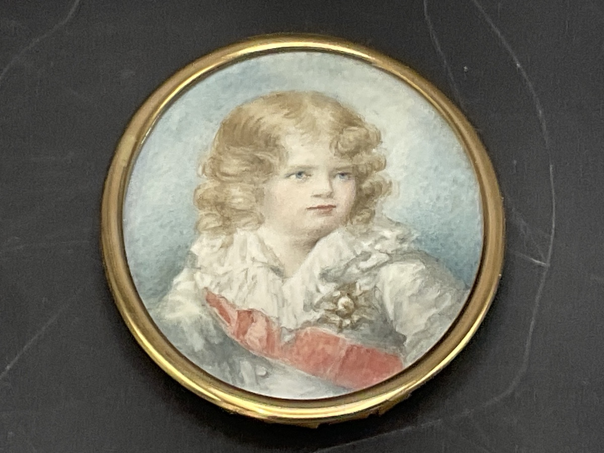 Miniature Painted On Oval Ivory Under Glass Representing The Child King Of Rome With His Frame.-photo-1