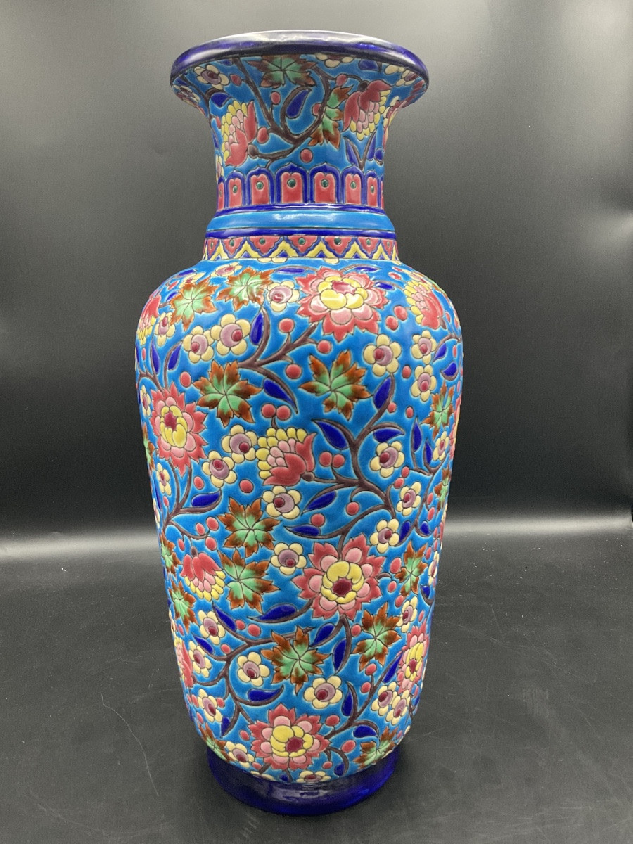 Vase en faïence polychrome d’émaux de Longwy à décor plein  à cartel d’oiseau perché.-photo-5