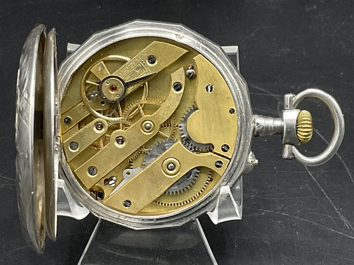 Pocket Watch Or Pocket Watch In Solid Silver, Chiseled And Guilloché With Floral Scroll Decoration.-photo-4