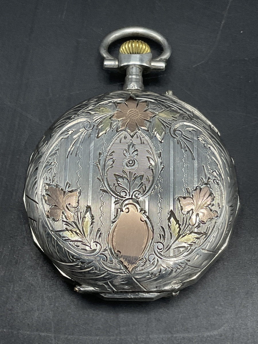 Pocket Watch Or Pocket Watch In Solid Silver, Chiseled And Guilloché With Floral Scroll Decoration.-photo-6