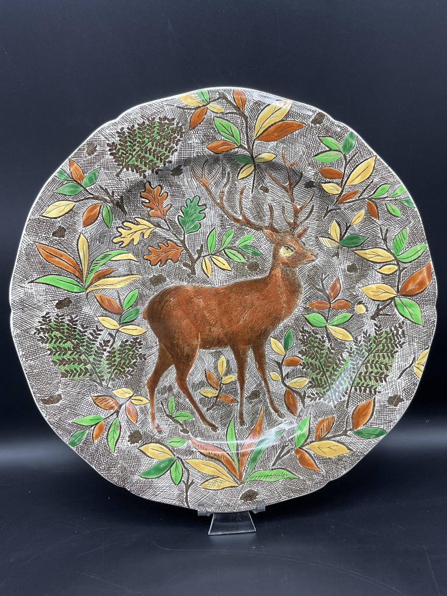 Dish From The Gien Factory In Polychrome Earthenware From The Rambouillet Service With A Deer Decoration.-photo-6