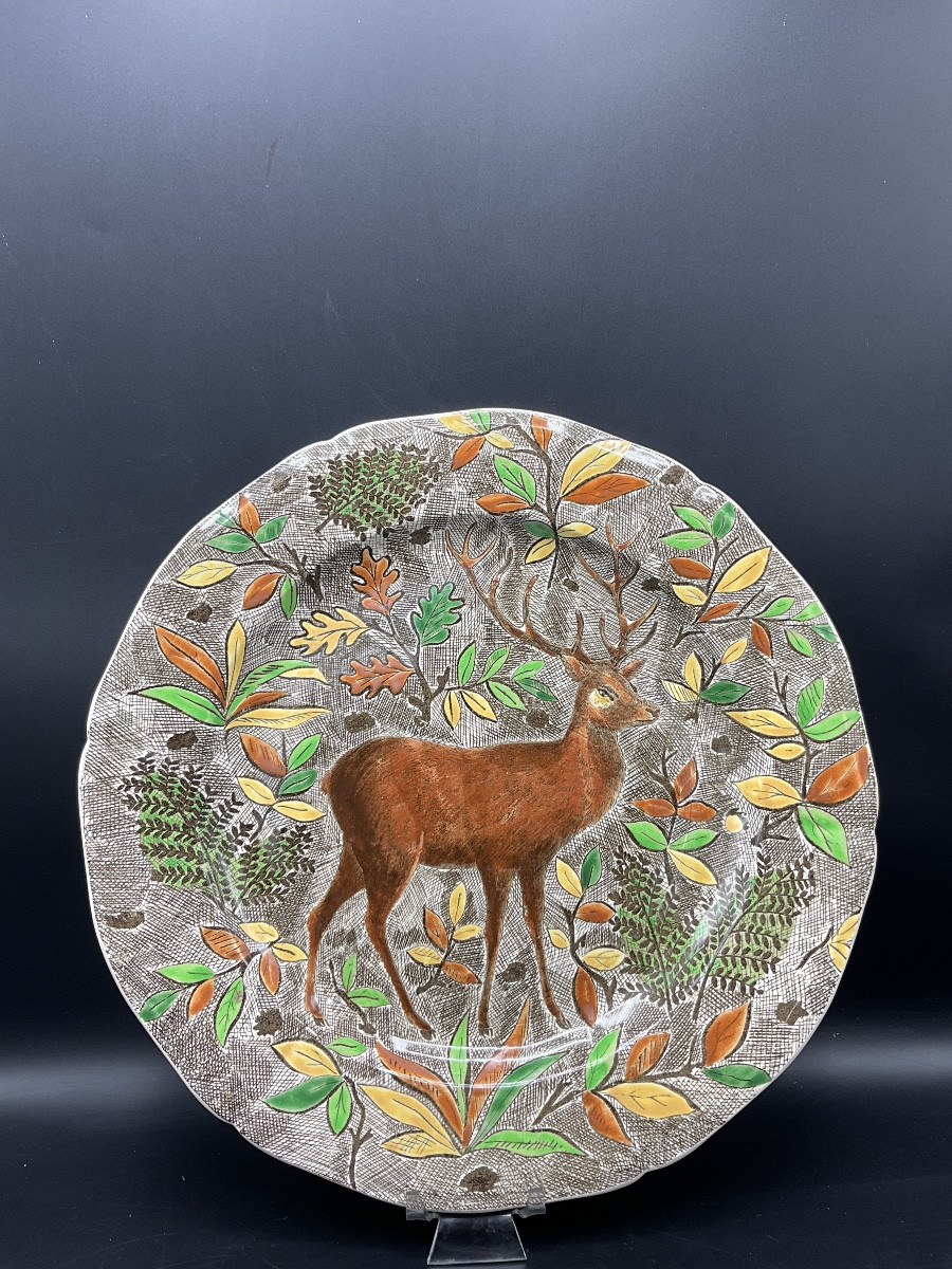 Dish From The Gien Factory In Polychrome Earthenware From The Rambouillet Service With A Deer Decoration.