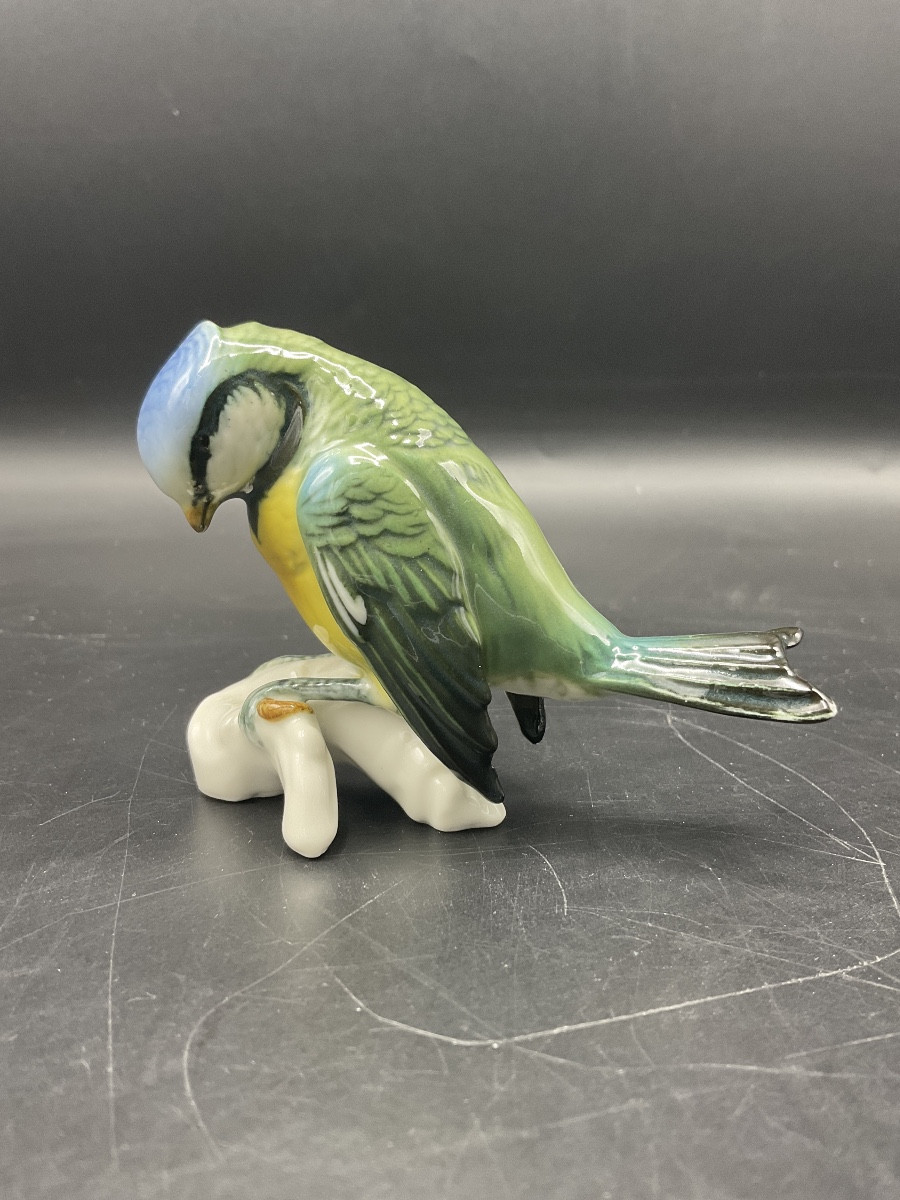 Blue Tit Perched On A Branch In Polychrome Porcelain From The Karl Ens Factory.