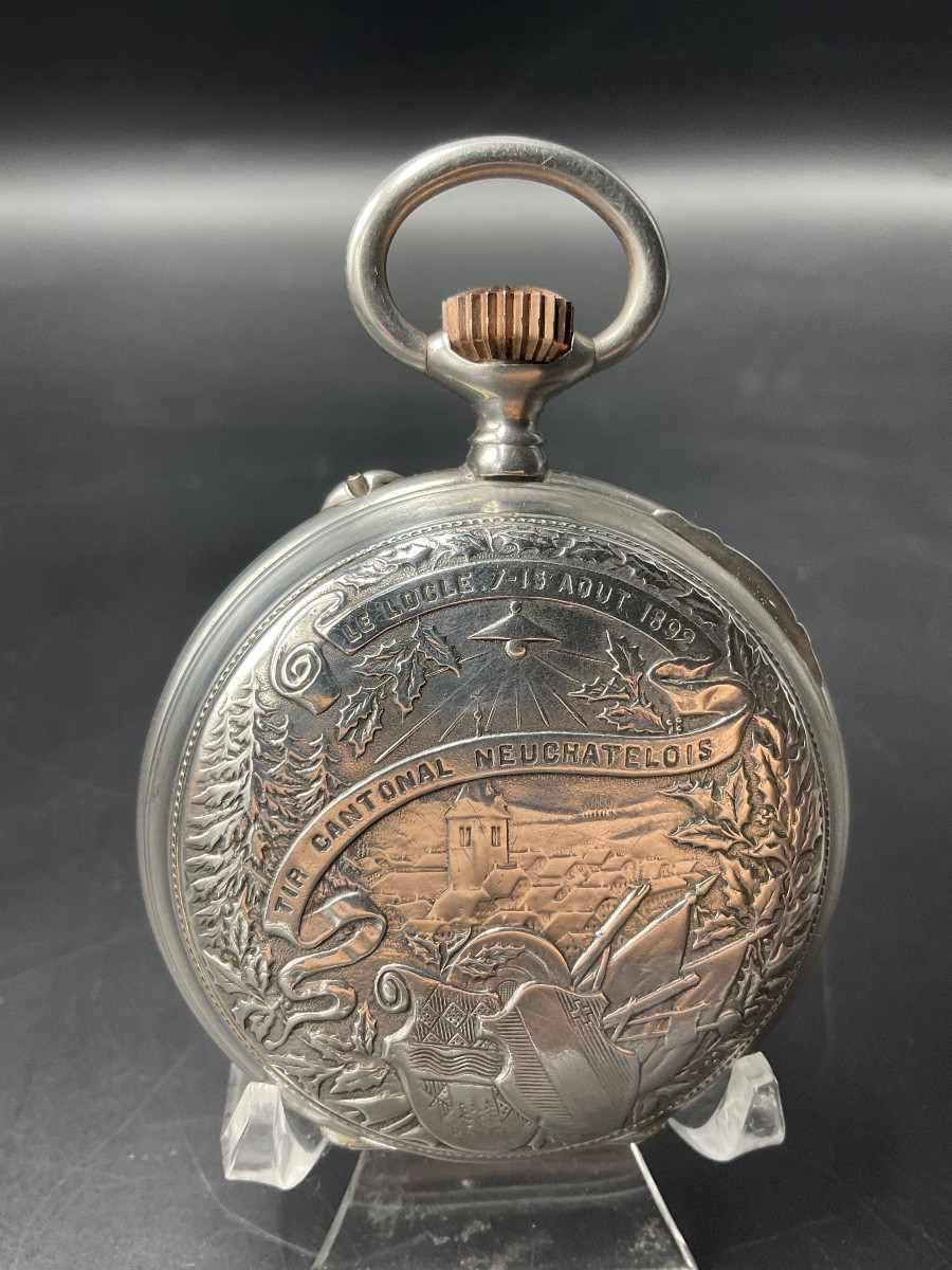 Montre à gousset ou de poche en argent massif de tir cantonal neuchâtelois le Locle en Suisse.-photo-1