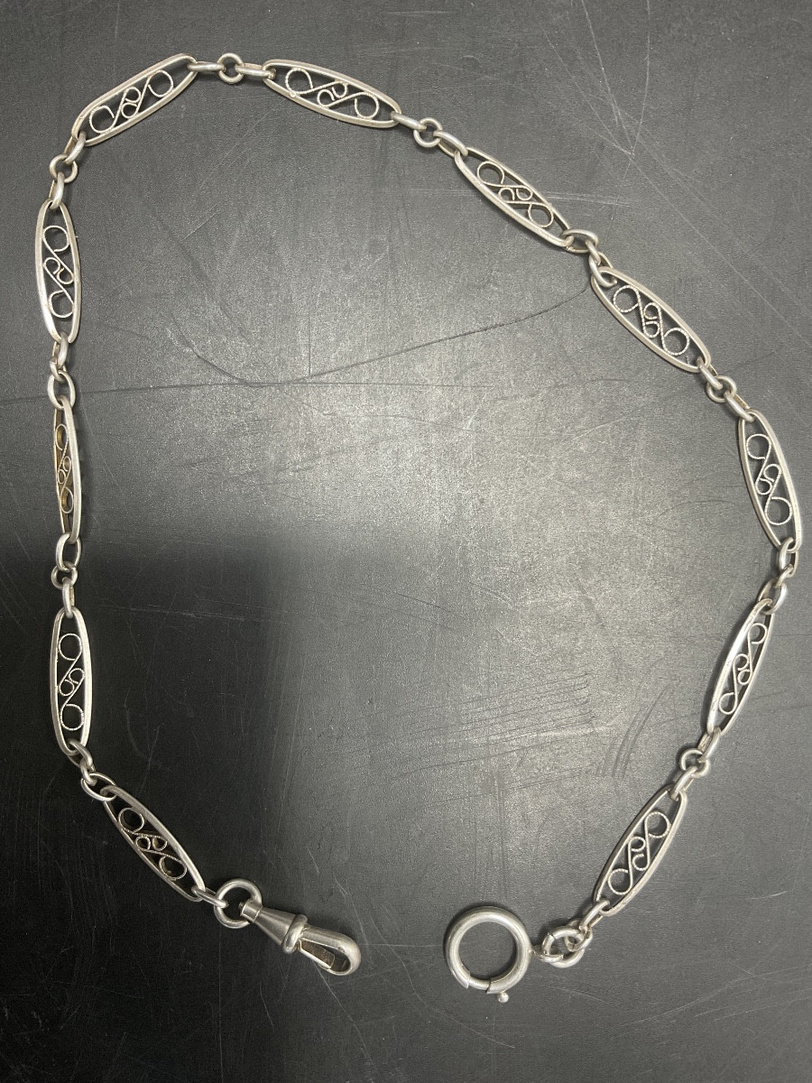 Solid Silver Pocket Or Fob Watch Chain With Flat, Oval Filigree Mesh.-photo-2