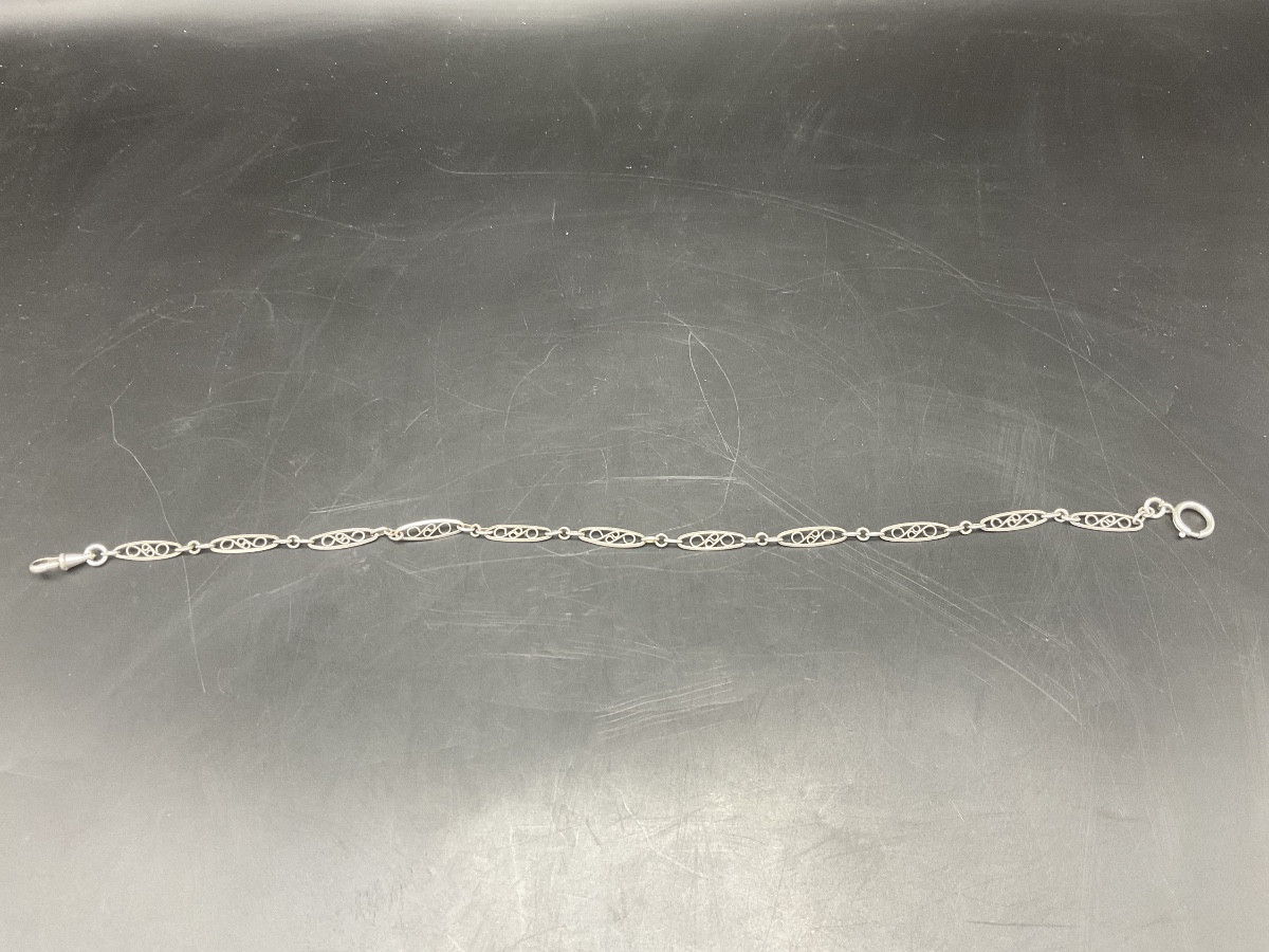 Solid Silver Pocket Or Fob Watch Chain With Flat, Oval Filigree Mesh.-photo-4