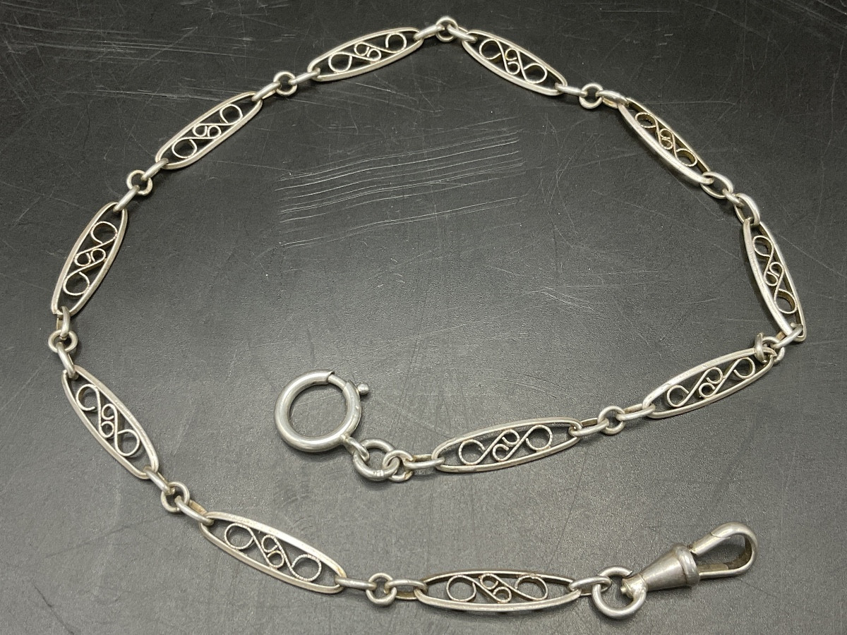 Solid Silver Pocket Or Fob Watch Chain With Flat, Oval Filigree Mesh.-photo-1