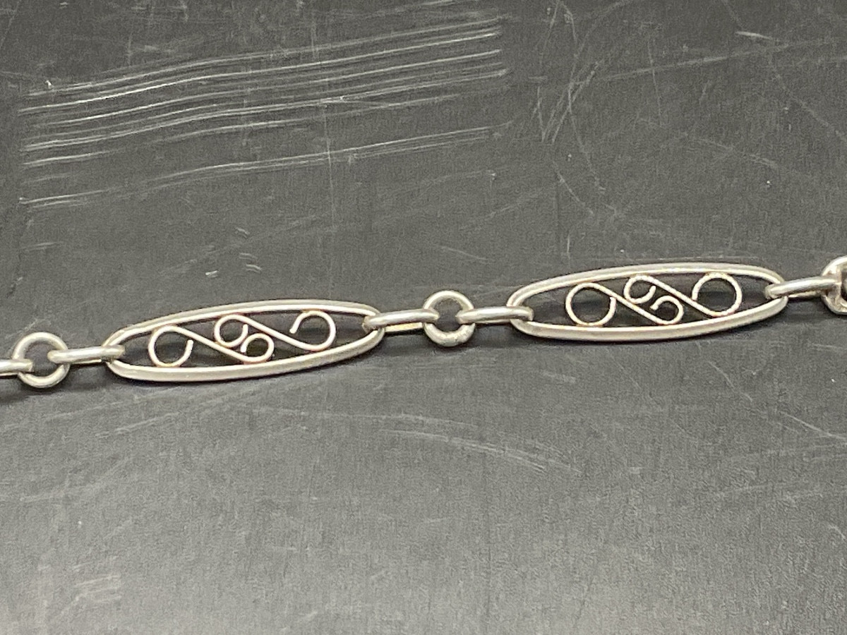 Solid Silver Pocket Or Fob Watch Chain With Flat, Oval Filigree Mesh.-photo-2