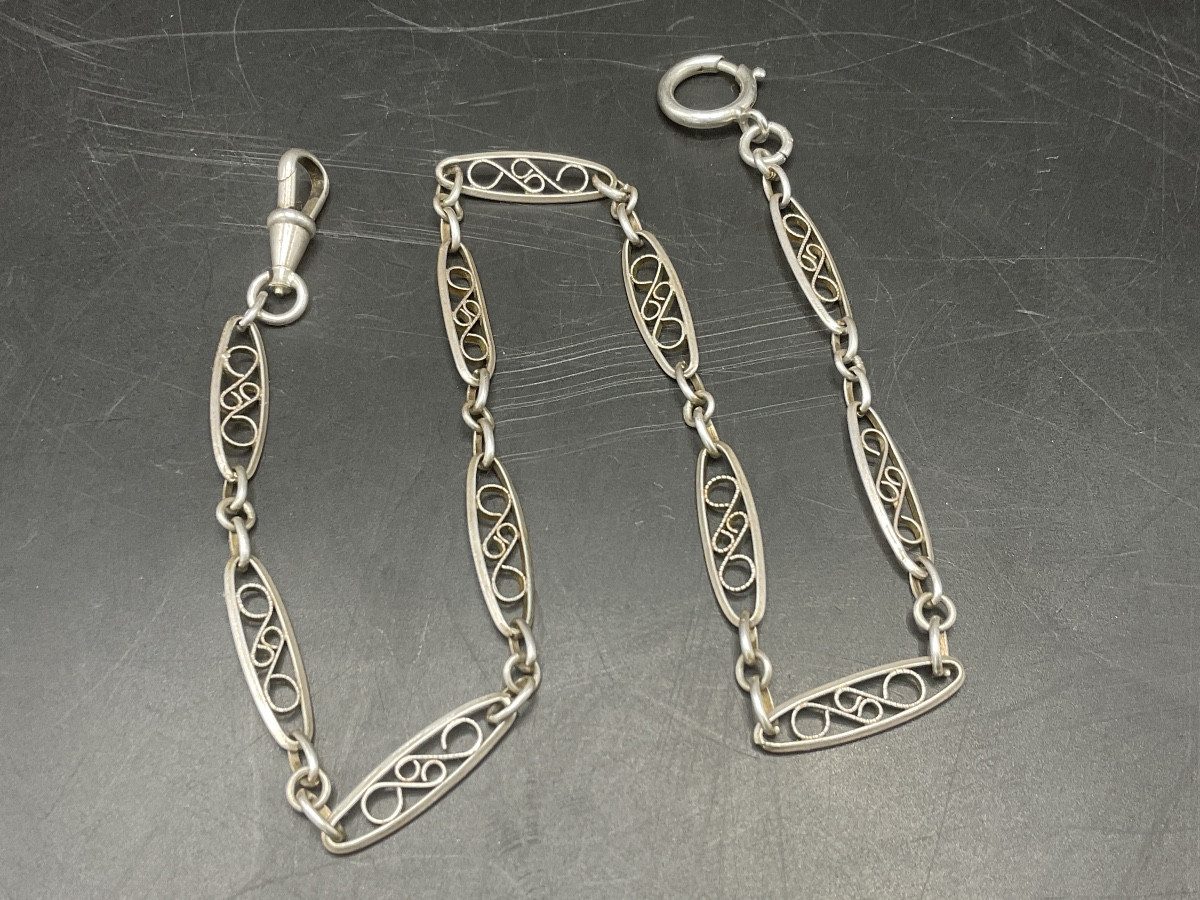 Solid Silver Pocket Or Fob Watch Chain With Flat, Oval Filigree Mesh.-photo-5
