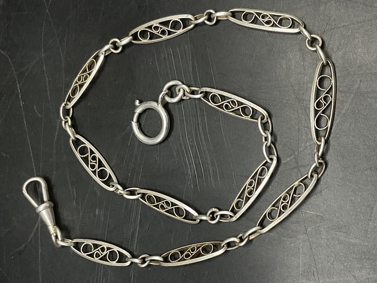 Solid Silver Pocket Or Fob Watch Chain With Flat, Oval Filigree Mesh.-photo-8