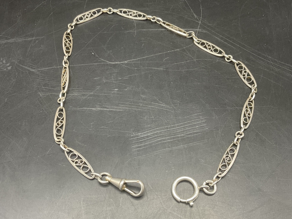 Solid Silver Pocket Or Fob Watch Chain With Flat, Oval Filigree Mesh.