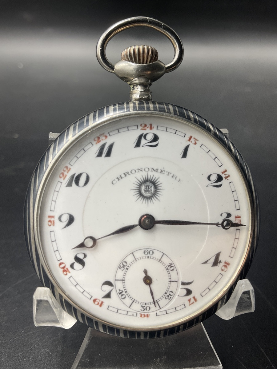 Pocket Watch Or Pocket Watch In Solid Silver With Niello Decoration Of A Vertical Straight Line And Crest-photo-2