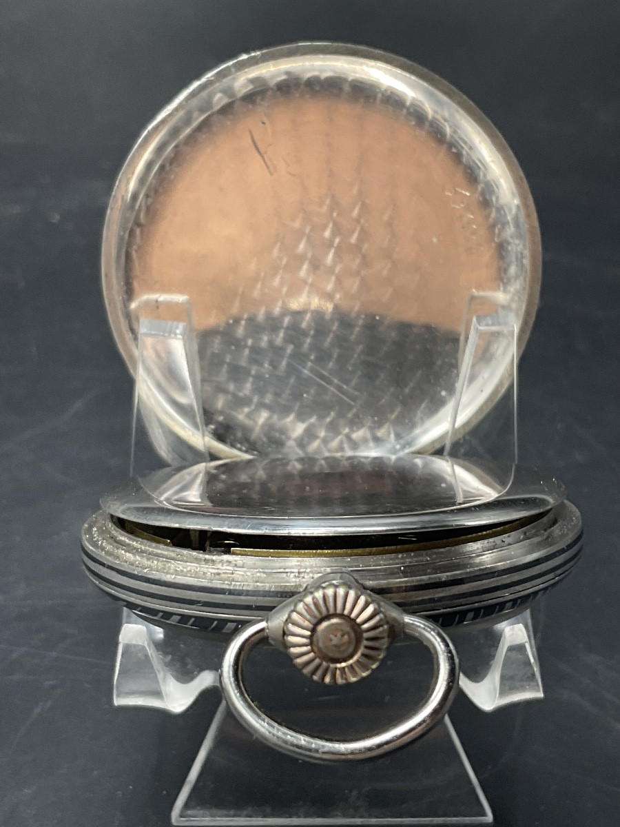 Pocket Watch Or Pocket Watch In Solid Silver With Niello Decoration Of A Vertical Straight Line And Crest-photo-1