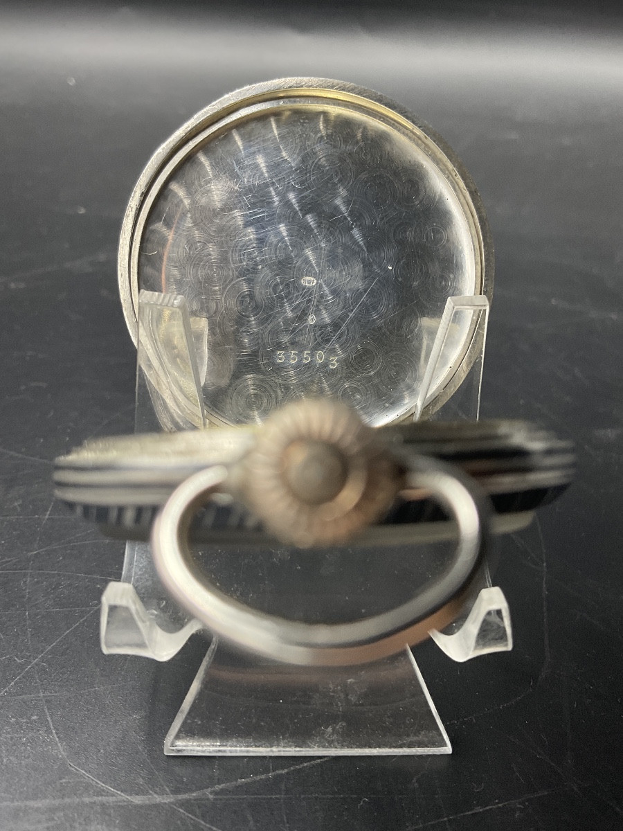 Pocket Watch Or Pocket Watch In Solid Silver With Niello Decoration Of A Vertical Straight Line And Crest-photo-2