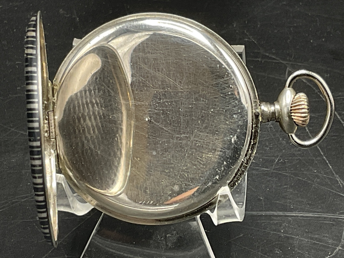Pocket Watch Or Pocket Watch In Solid Silver With Niello Decoration Of A Vertical Straight Line And Crest-photo-3